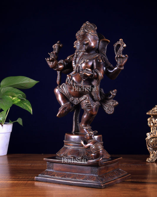 Pure Brass Dancing Ganesha Statue dark chocolate tone 13 inch - Budhshiv.com