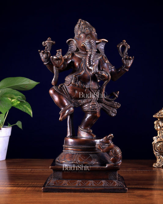Pure Brass Dancing Ganesha Statue dark chocolate tone 13 inch - Budhshiv.com