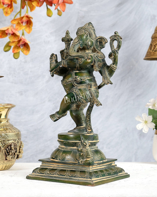 Pure Brass Dancing Ganesha Statue Green finish 13 inch - Budhshiv.com