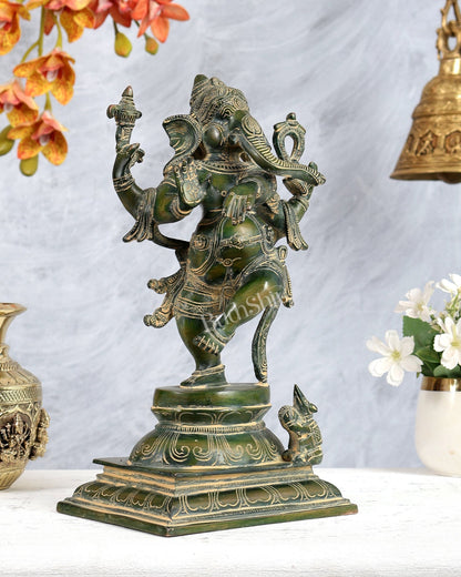Pure Brass Dancing Ganesha Statue Green finish 13 inch - Budhshiv.com