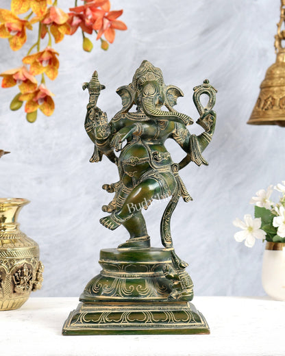 Pure Brass Dancing Ganesha Statue Green finish 13 inch - Budhshiv.com