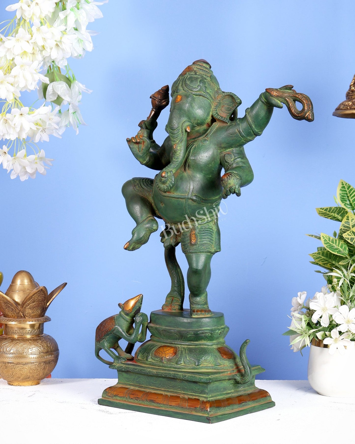 Pure Brass Dancing Ganesha Statue – Green Patina Finish 20 inch - Budhshiv.com