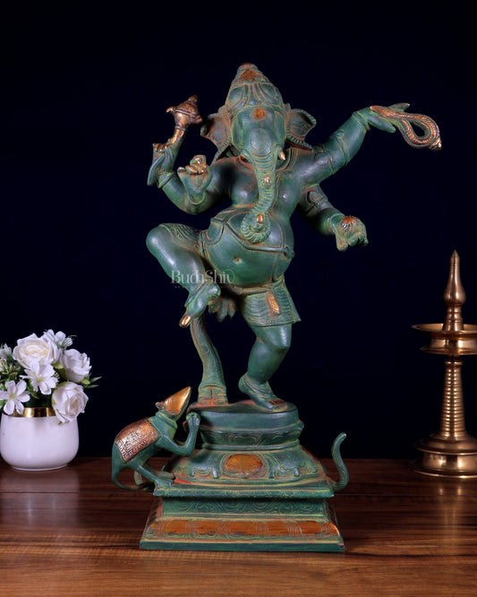 Pure Brass Dancing Ganesha Statue – Green Patina Finish 20 inch - Budhshiv.com