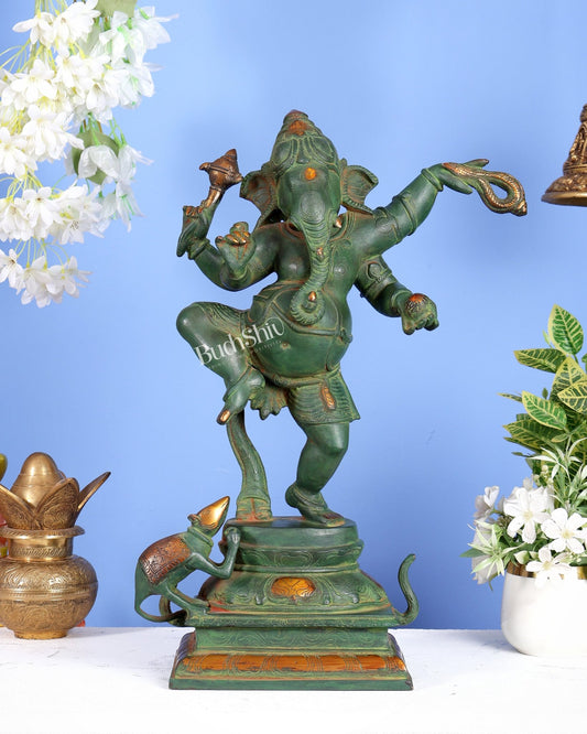Pure Brass Dancing Ganesha Statue – Green Patina Finish 20 inch - Budhshiv.com