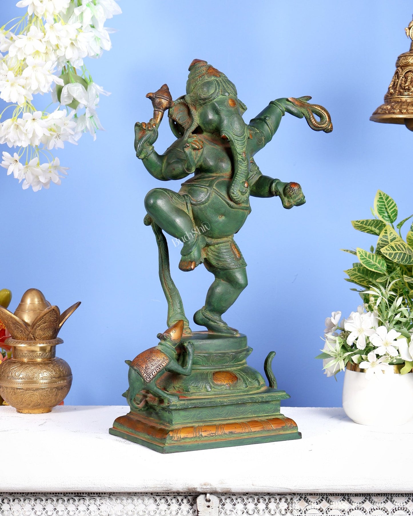 Pure Brass Dancing Ganesha Statue – Green Patina Finish 20 inch - Budhshiv.com