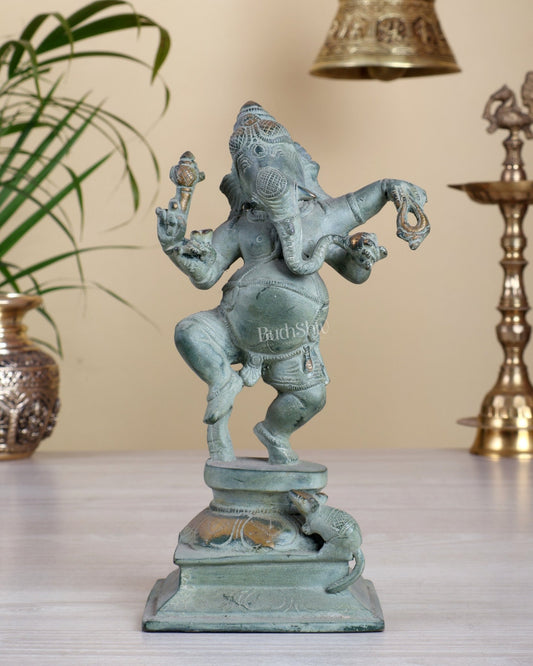 Pure Brass Dancing Ganesha – stone Finish 9" - Budhshiv.com