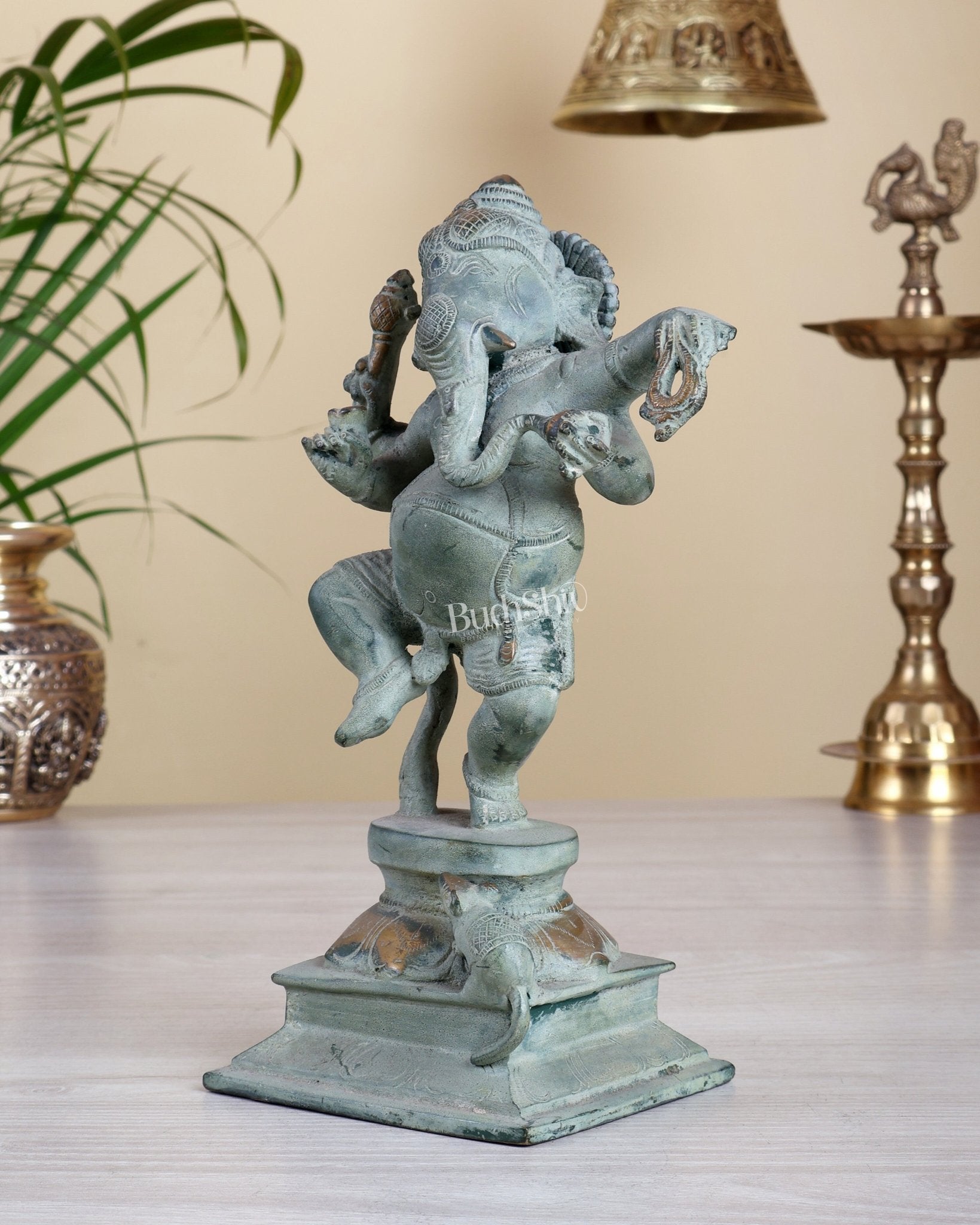 Pure Brass Dancing Ganesha – stone Finish 9" - Budhshiv.com