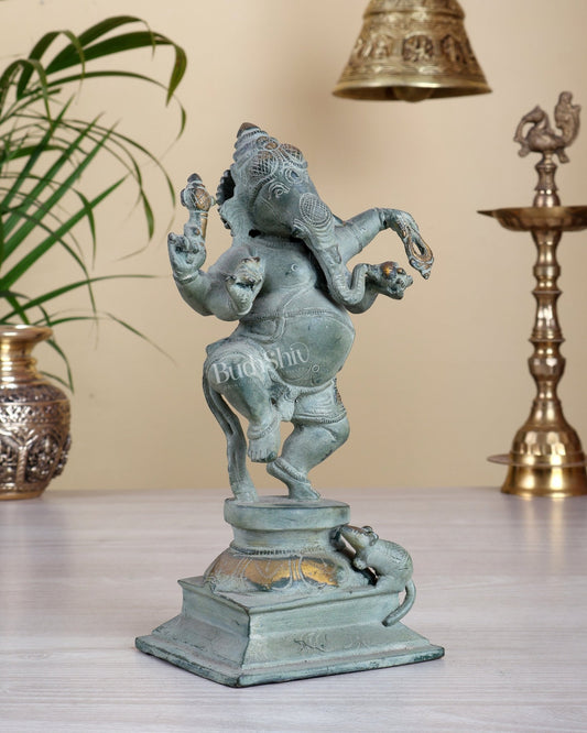 Pure Brass Dancing Ganesha – stone Finish 9" - Budhshiv.com