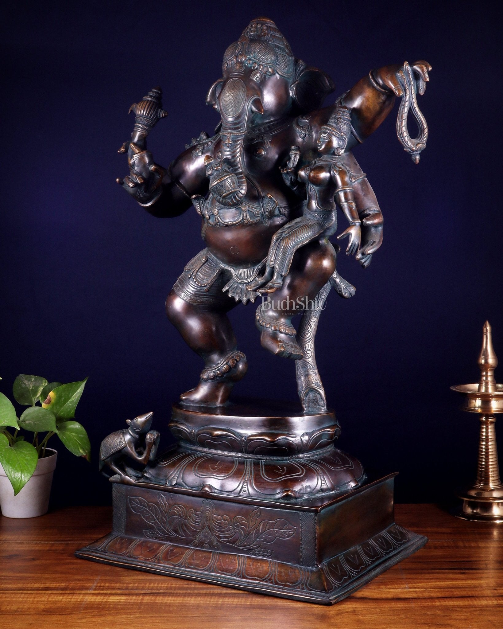Pure Brass Dancing Ganesha with Siddhi on Lap – Maha Ganapati Chola Style Sculpture 29" - Budhshiv.com