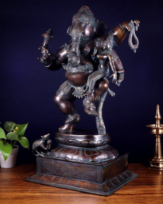 Pure Brass Dancing Ganesha with Siddhi on Lap – Maha Ganapati Chola Style Sculpture 29" - Budhshiv.com
