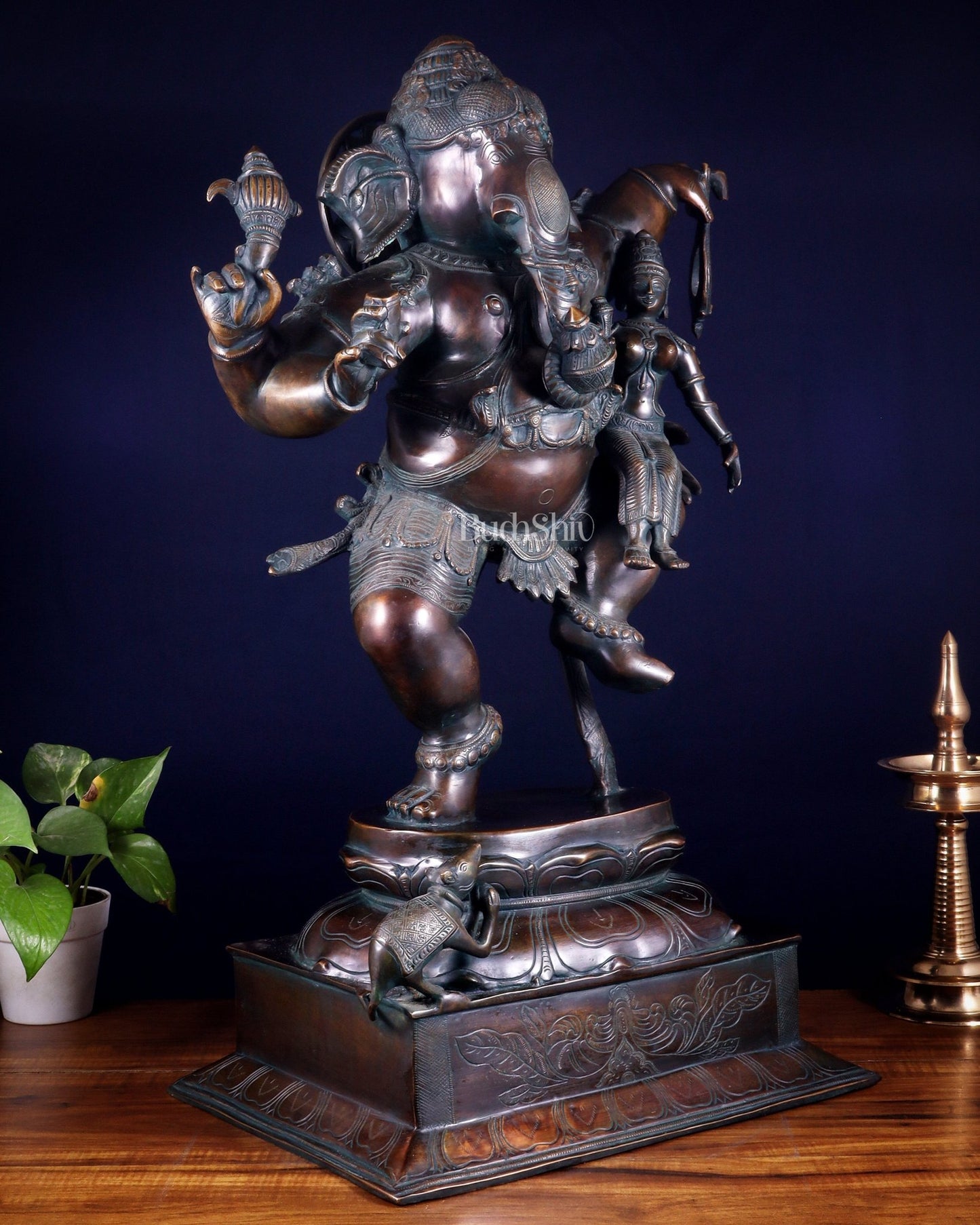 Pure Brass Dancing Ganesha with Siddhi on Lap – Maha Ganapati Chola Style Sculpture 29" - Budhshiv.com