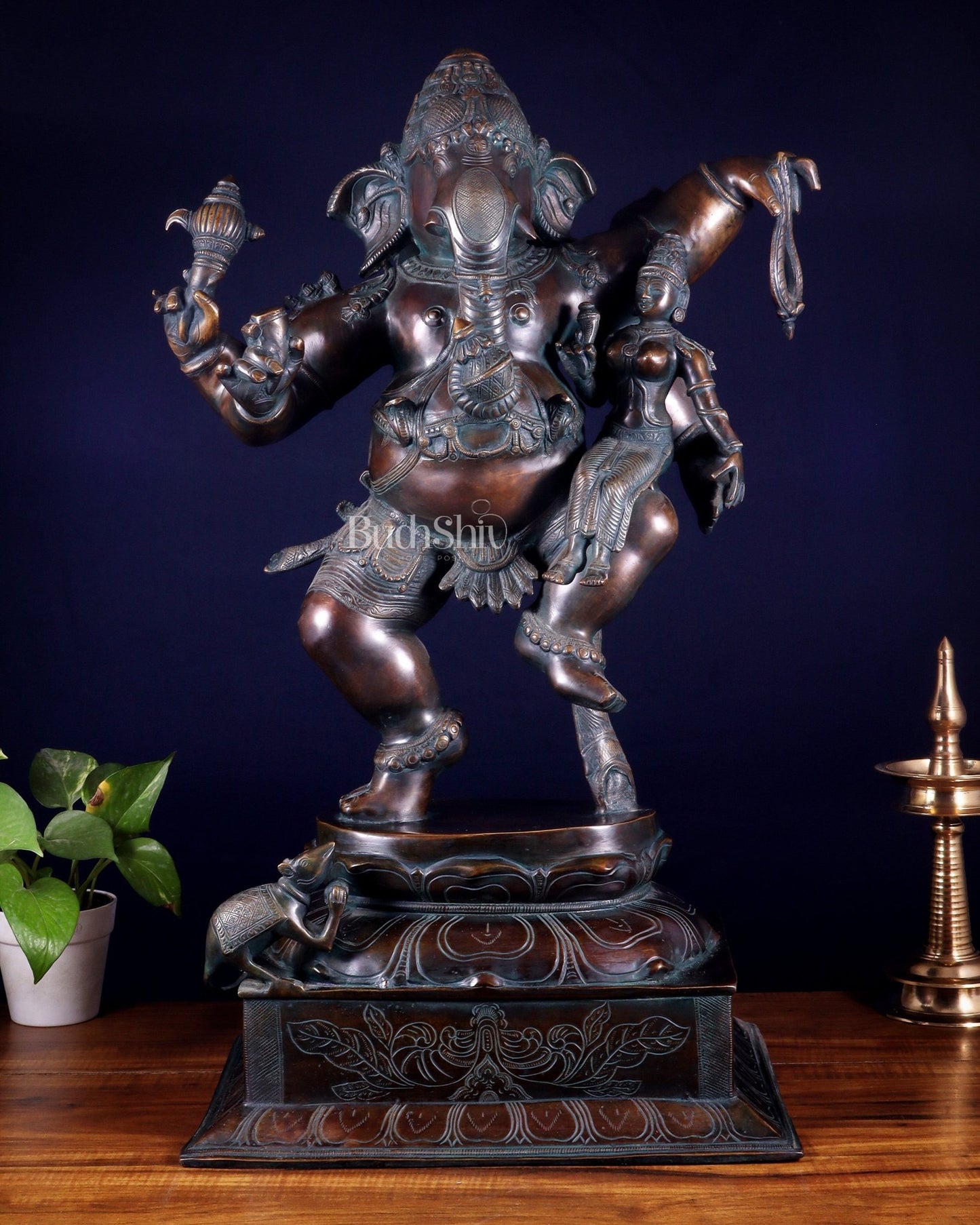 Pure Brass Dancing Ganesha with Siddhi on Lap – Maha Ganapati Chola Style Sculpture 29" - Budhshiv.com