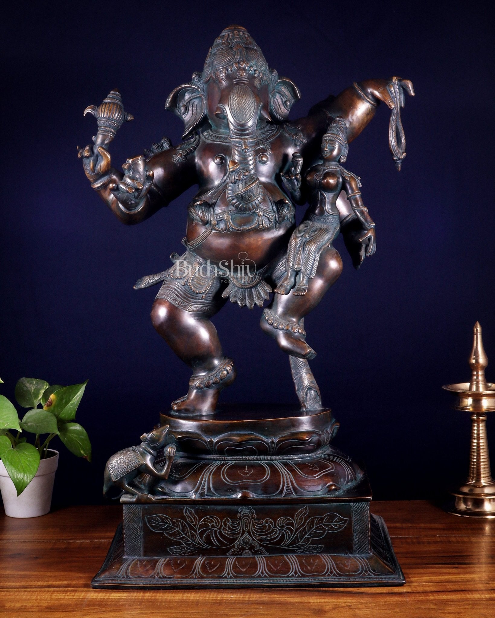 Pure Brass Dancing Ganesha with Siddhi on Lap – Maha Ganapati Chola Style Sculpture 29" - Budhshiv.com