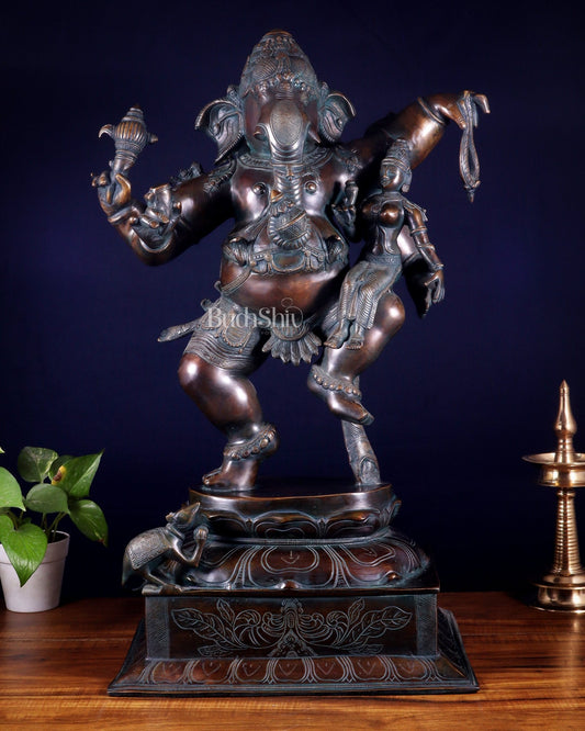 Pure Brass Dancing Ganesha with Siddhi on Lap – Maha Ganapati Chola Style Sculpture 29" - Budhshiv.com