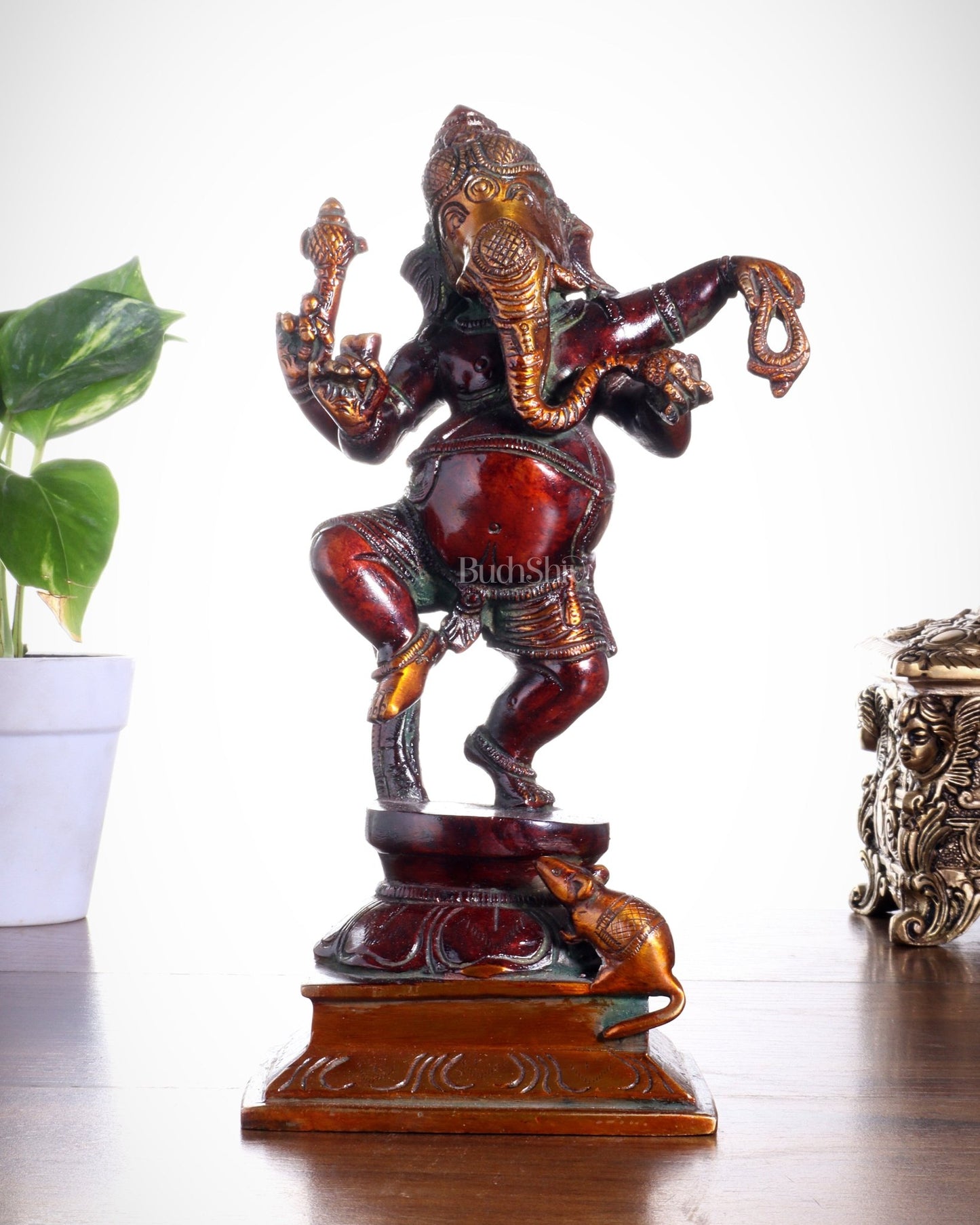 Pure Brass Dancing Ganesha with Stone Inlay – Shiny Chola Tone Finish 9" - Budhshiv.com
