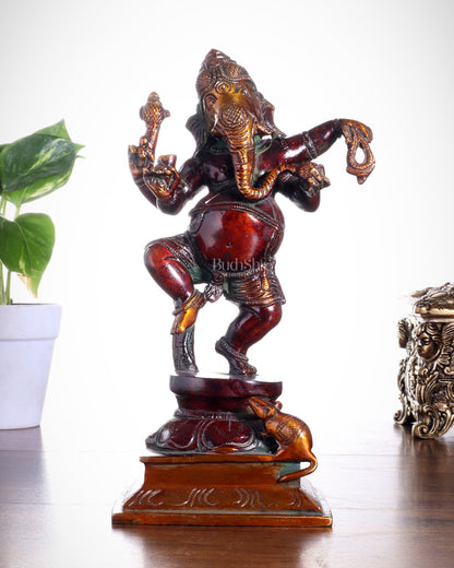 Pure Brass Dancing Ganesha with Stone Inlay – Shiny Chola Tone Finish 9" - Budhshiv.com