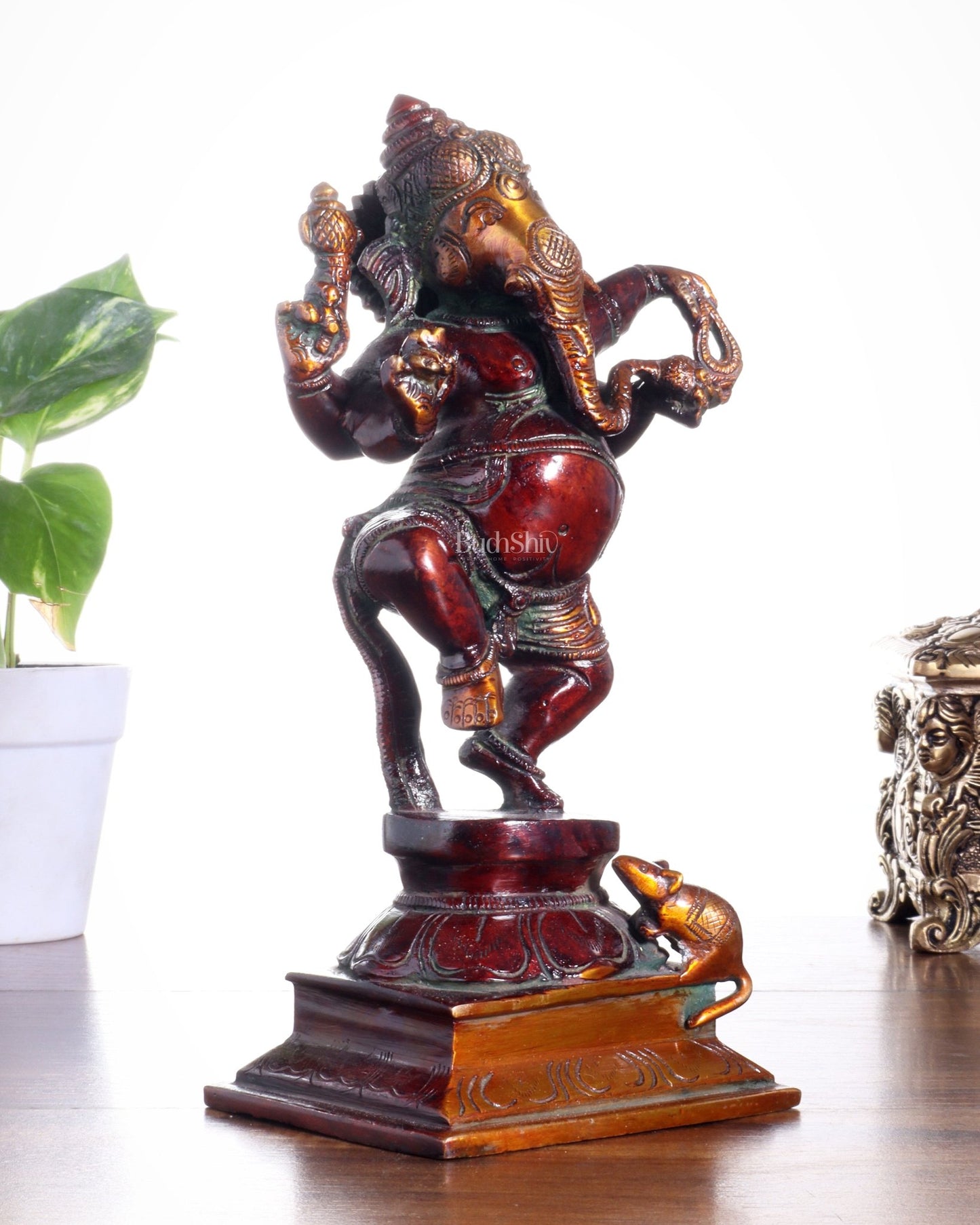 Pure Brass Dancing Ganesha with Stone Inlay – Shiny Chola Tone Finish 9" - Budhshiv.com