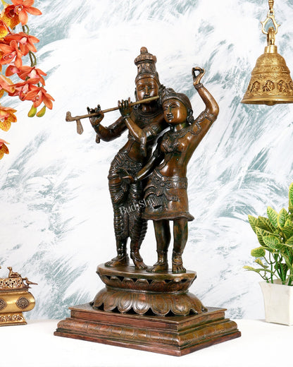 Pure Brass Dancing Radha Krishna Statue with Added Chola Copper – Divine Couple Sculpture (24 Inches) - Budhshiv.com