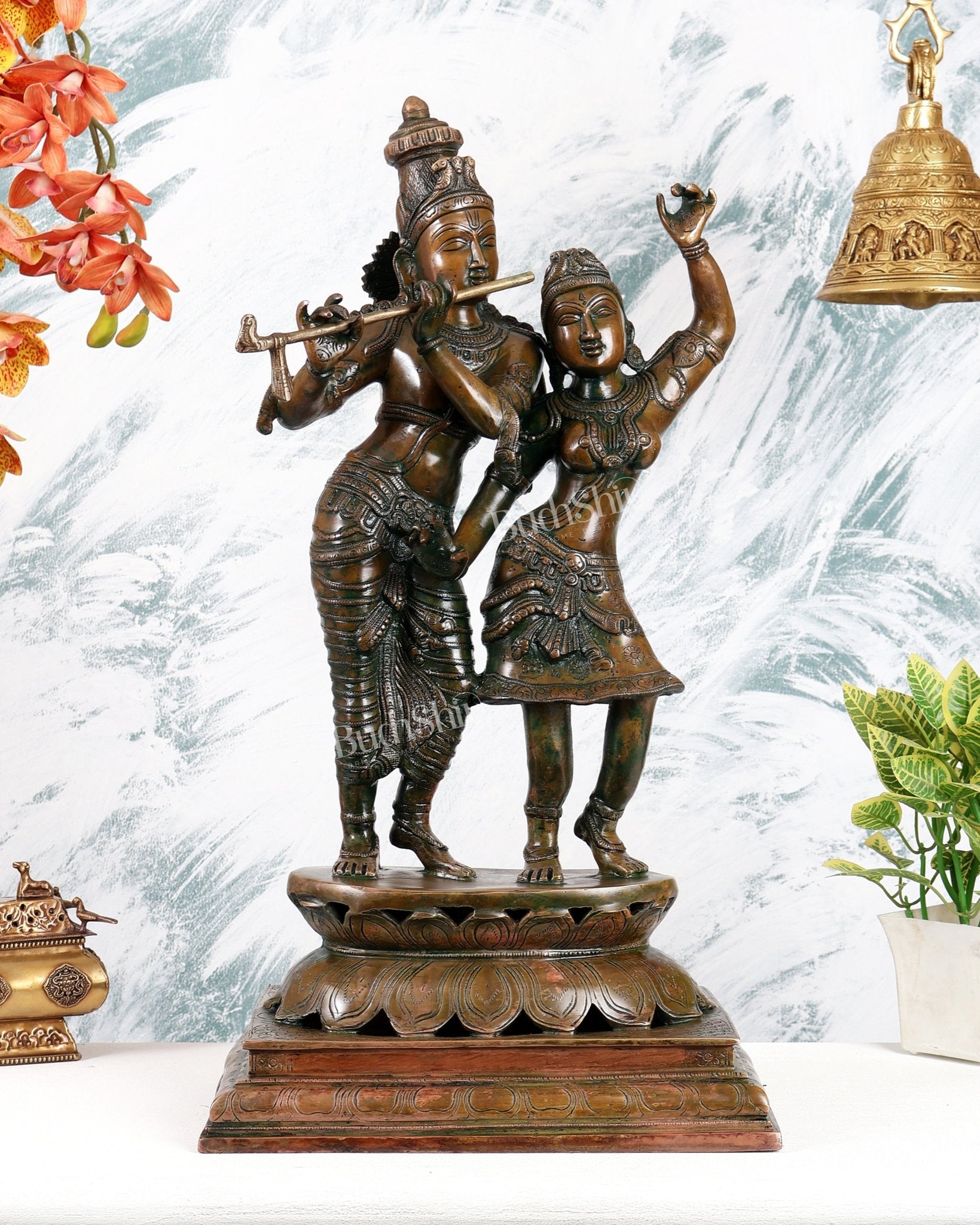 Pure Brass Dancing Radha Krishna Statue with Added Chola Copper – Divine Couple Sculpture (24 Inches) - Budhshiv.com