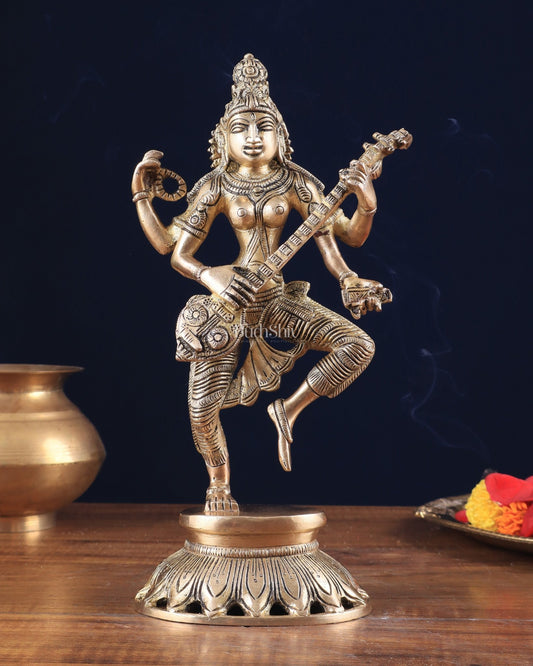Pure Brass Dancing Saraswati Idol 11" - Budhshiv.com