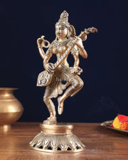 Pure Brass Dancing Saraswati Idol 11" - Budhshiv.com