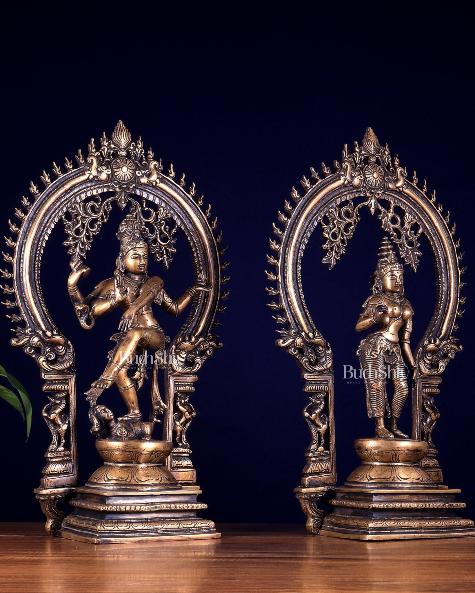 Pure Brass Dancing Shiva Nataraja with Goddess Parvati Sivagami – Antique Burnt Brass Finish 18 inch - Budhshiv.com