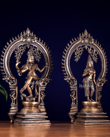 Pure Brass Dancing Shiva Nataraja with Goddess Parvati Sivagami – Antique Burnt Brass Finish 18 inch - Budhshiv.com