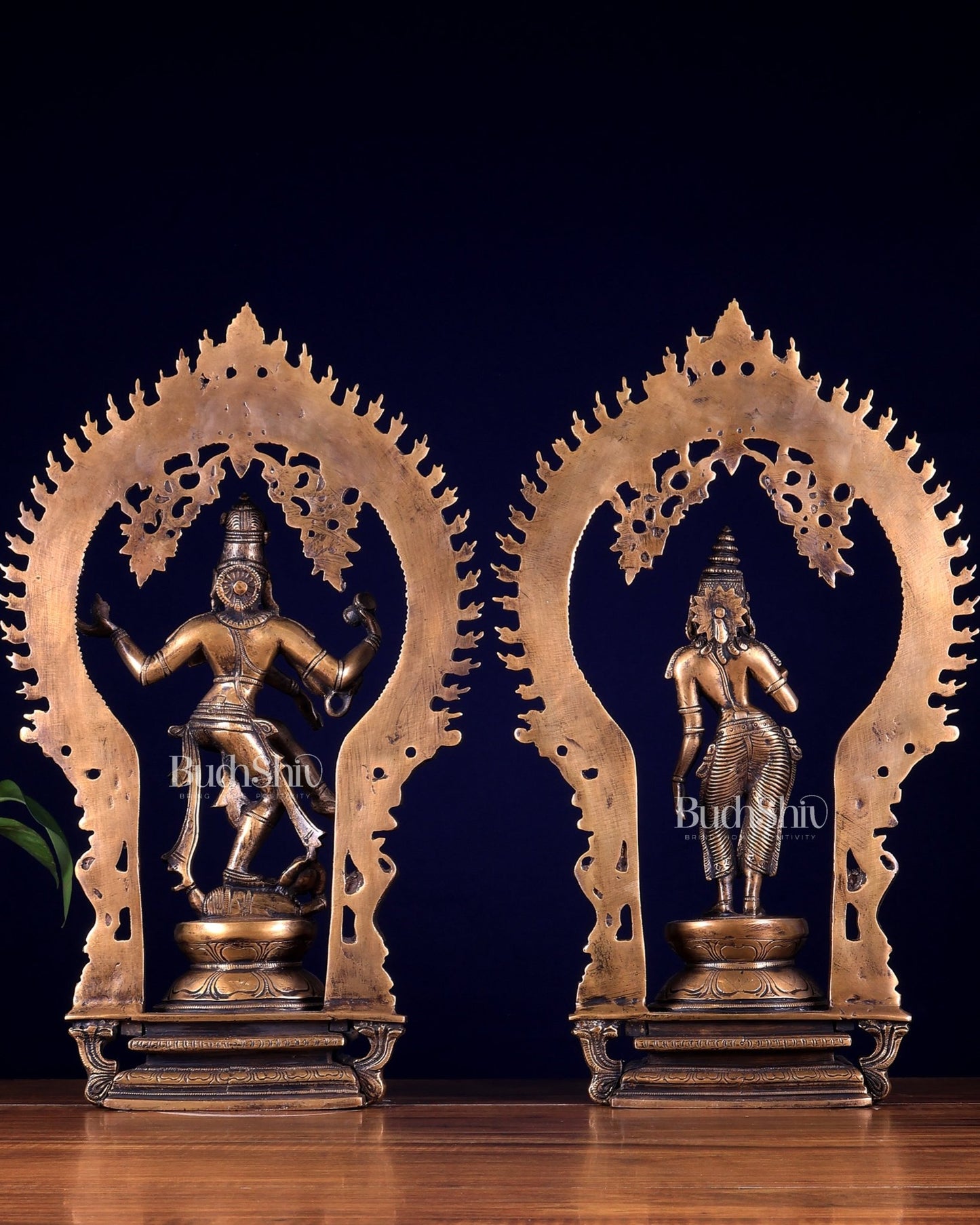 Pure Brass Dancing Shiva Nataraja with Goddess Parvati Sivagami – Antique Burnt Brass Finish 18 inch - Budhshiv.com