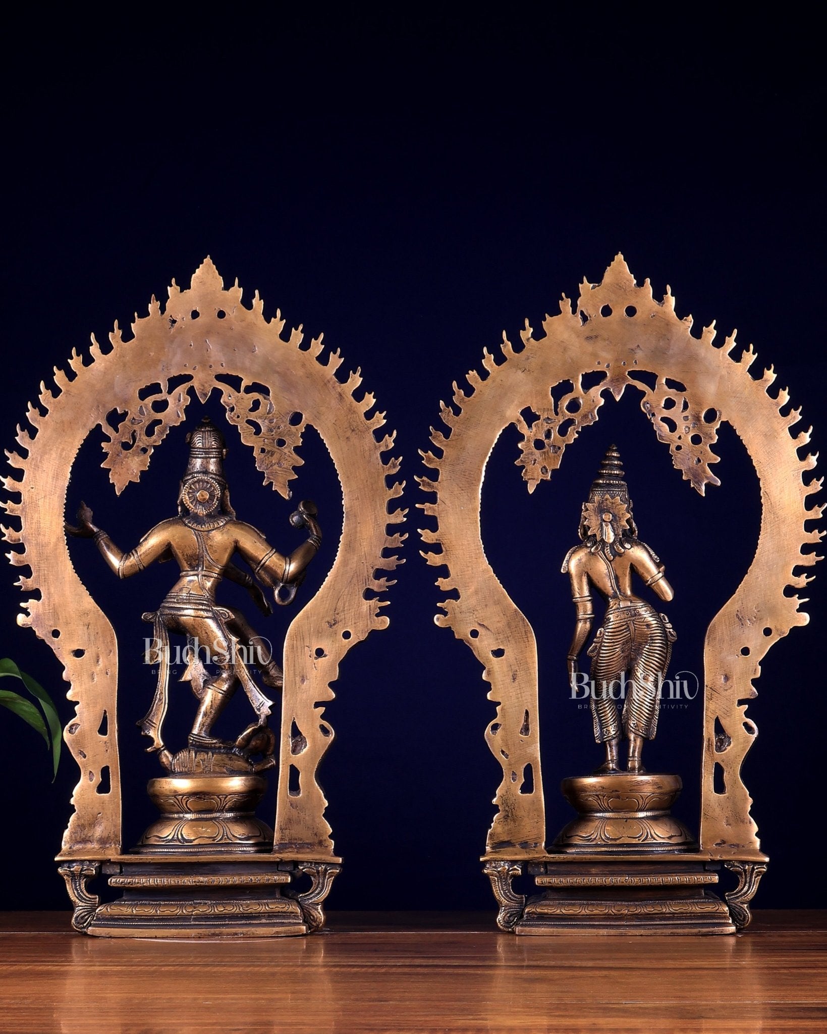 Pure Brass Dancing Shiva Nataraja with Goddess Parvati Sivagami – Antique Burnt Brass Finish 18 inch - Budhshiv.com
