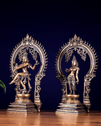 Pure Brass Dancing Shiva Nataraja with Goddess Parvati Sivagami – Antique Burnt Brass Finish 18 inch - Budhshiv.com