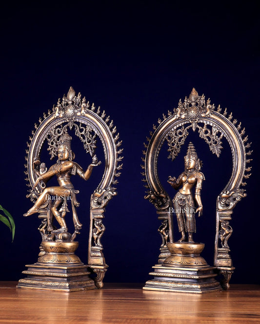 Pure Brass Dancing Shiva Nataraja with Goddess Parvati Sivagami – Antique Burnt Brass Finish 18 inch - Budhshiv.com