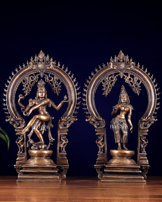 Pure Brass Dancing Shiva Nataraja with Goddess Parvati Sivagami – Antique Burnt Brass Finish 18 inch - Budhshiv.com