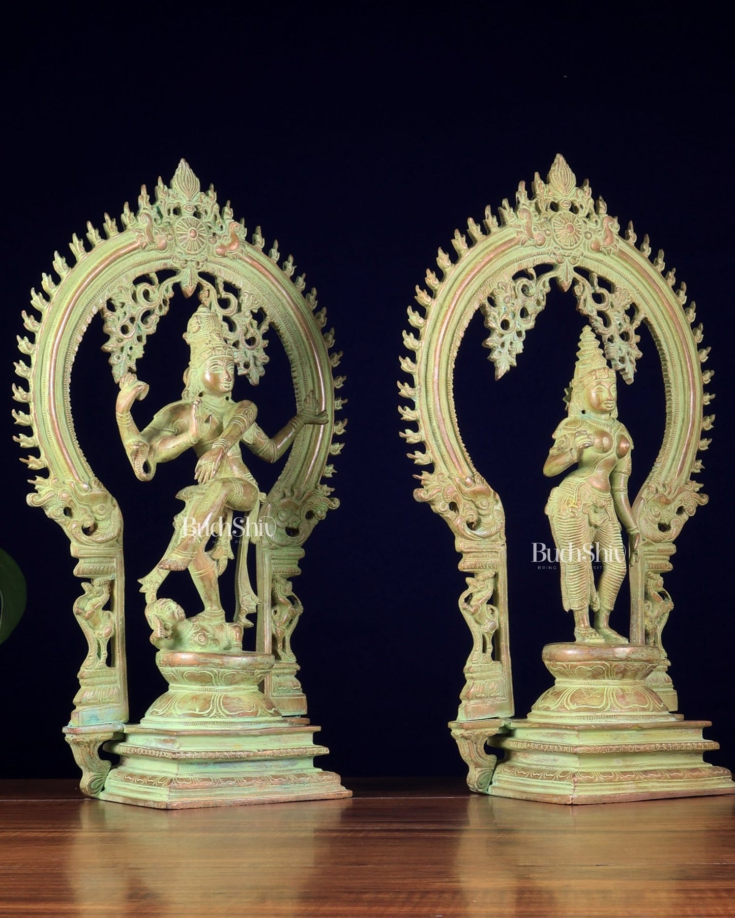 Pure Brass Dancing Shiva Nataraja with Goddess Parvati Sivagami – Green patina 18 inch - Budhshiv.com