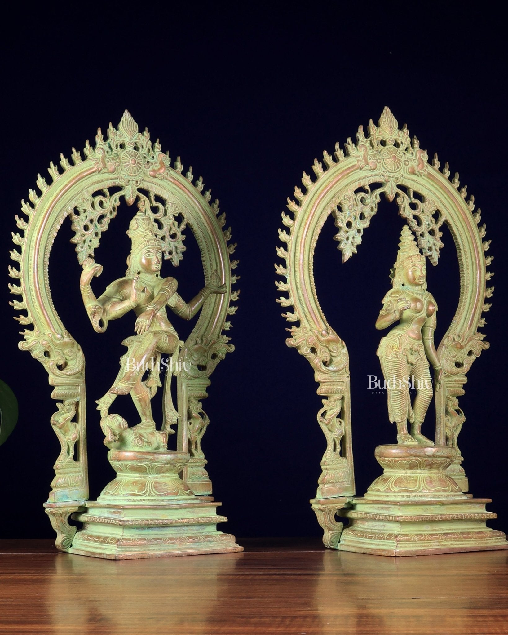 Pure Brass Dancing Shiva Nataraja with Goddess Parvati Sivagami – Green patina 18 inch - Budhshiv.com