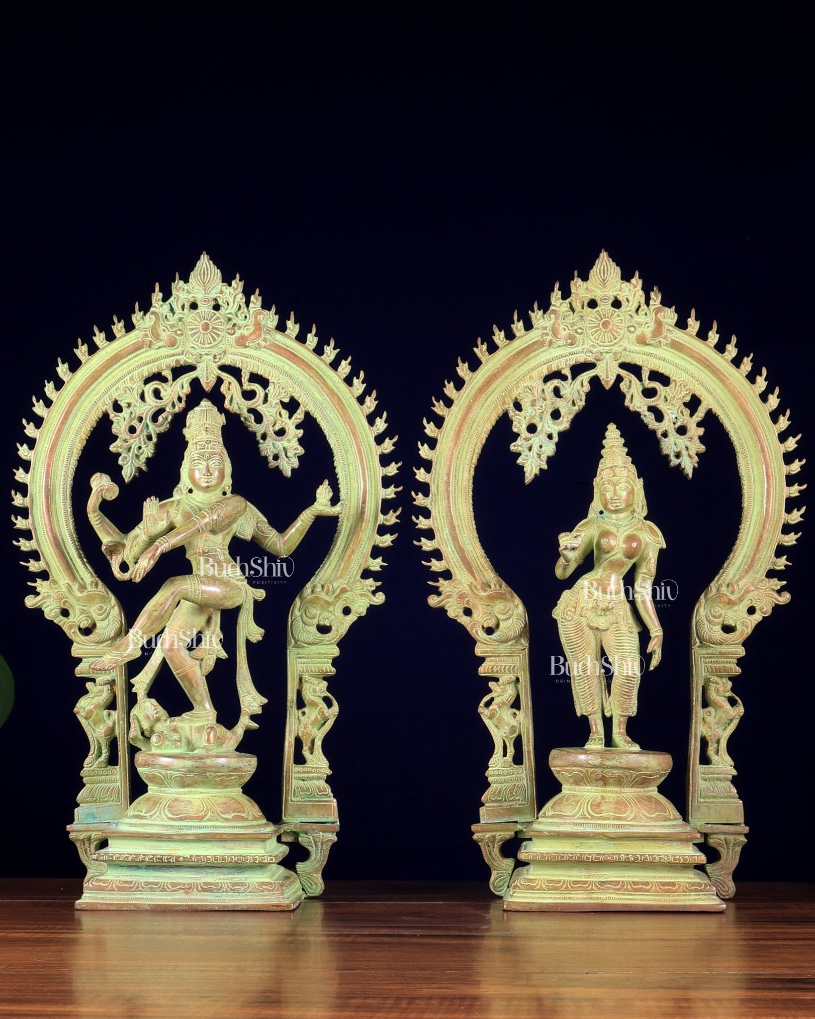 Pure Brass Dancing Shiva Nataraja with Goddess Parvati Sivagami – Green patina 18 inch - Budhshiv.com