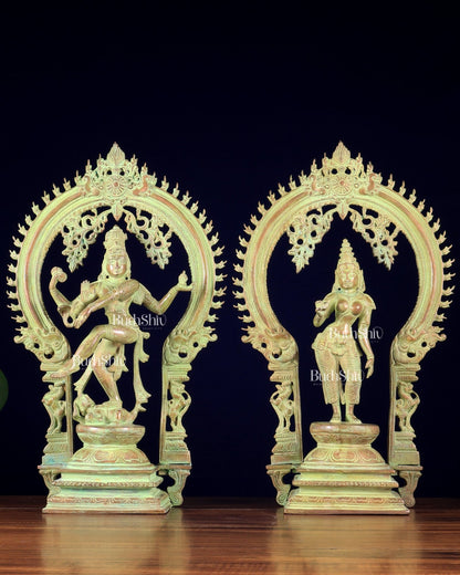 Pure Brass Dancing Shiva Nataraja with Goddess Parvati Sivagami – Green patina 18 inch - Budhshiv.com