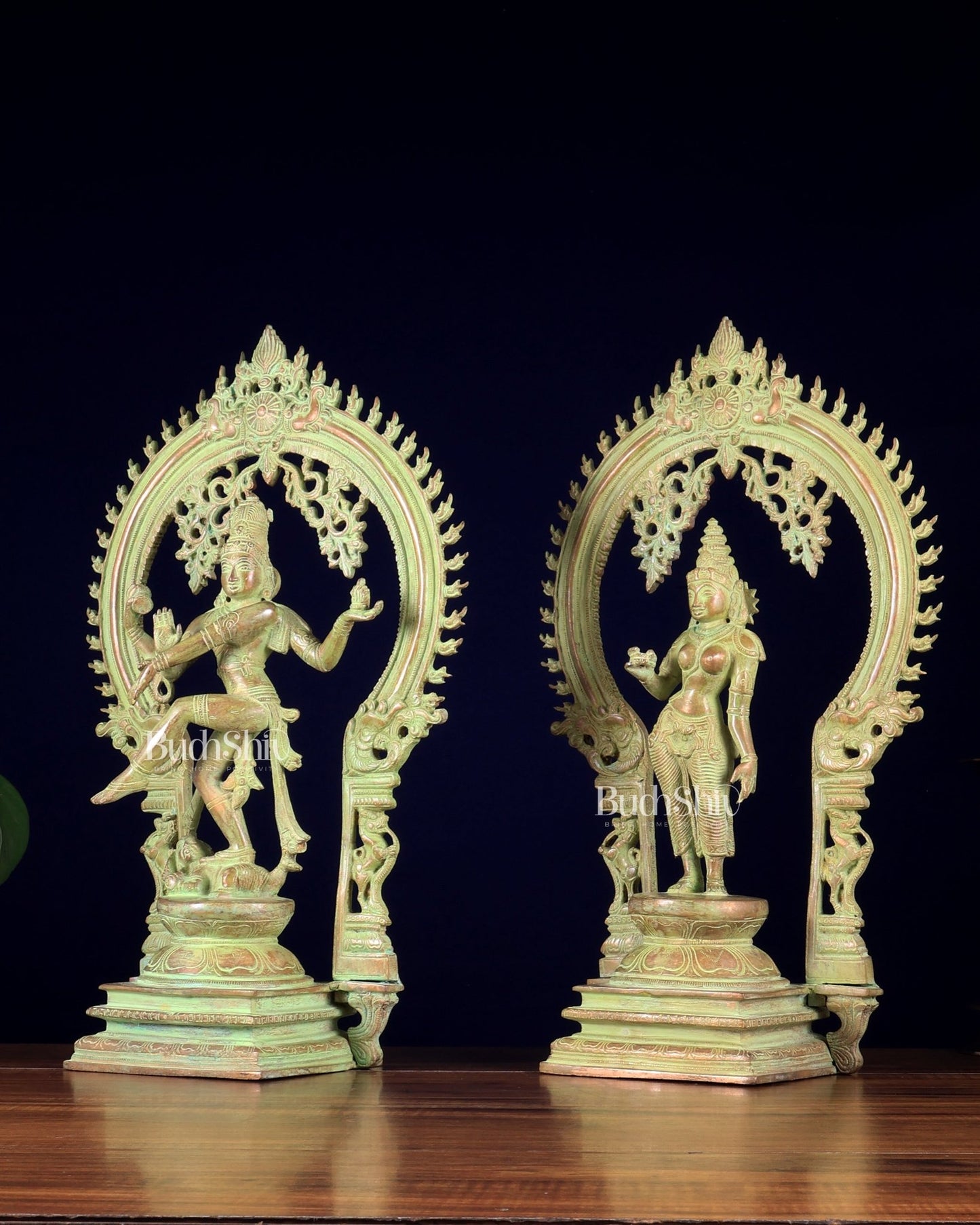 Pure Brass Dancing Shiva Nataraja with Goddess Parvati Sivagami – Green patina 18 inch - Budhshiv.com