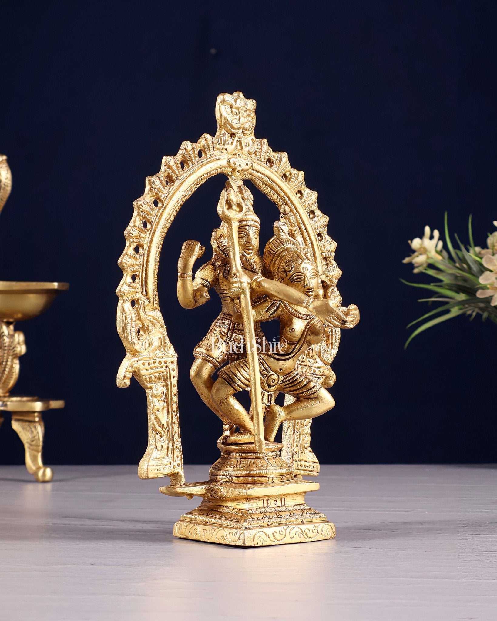 Pure Brass Dancing Shiva Parvati Idol with Prabhavali - 7.5" - Budhshiv.com