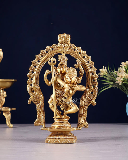 Pure Brass Dancing Shiva Parvati Idol with Prabhavali - 7.5" - Budhshiv.com