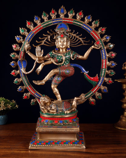 Pure Brass Dancing Shiva Smiling Nataraja Sculpture | 25" multicolour - Budhshiv.com