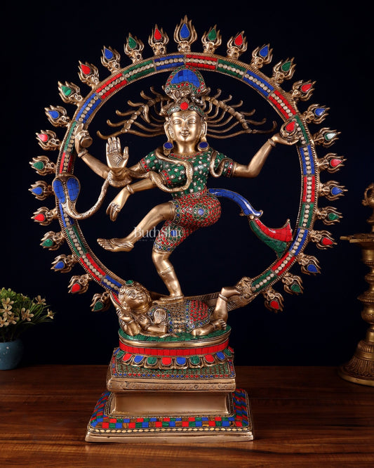 Pure Brass Dancing Shiva Smiling Nataraja Sculpture | 25" multicolour - Budhshiv.com