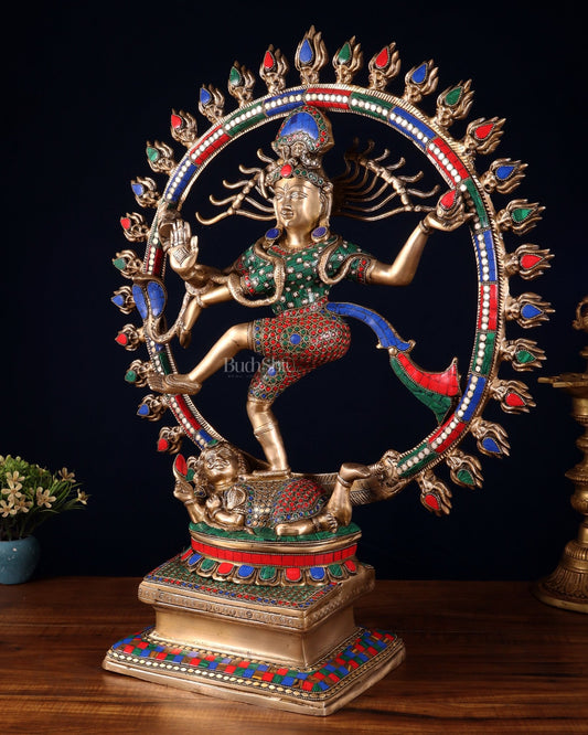 Pure Brass Dancing Shiva Smiling Nataraja Sculpture | 25" multicolour - Budhshiv.com