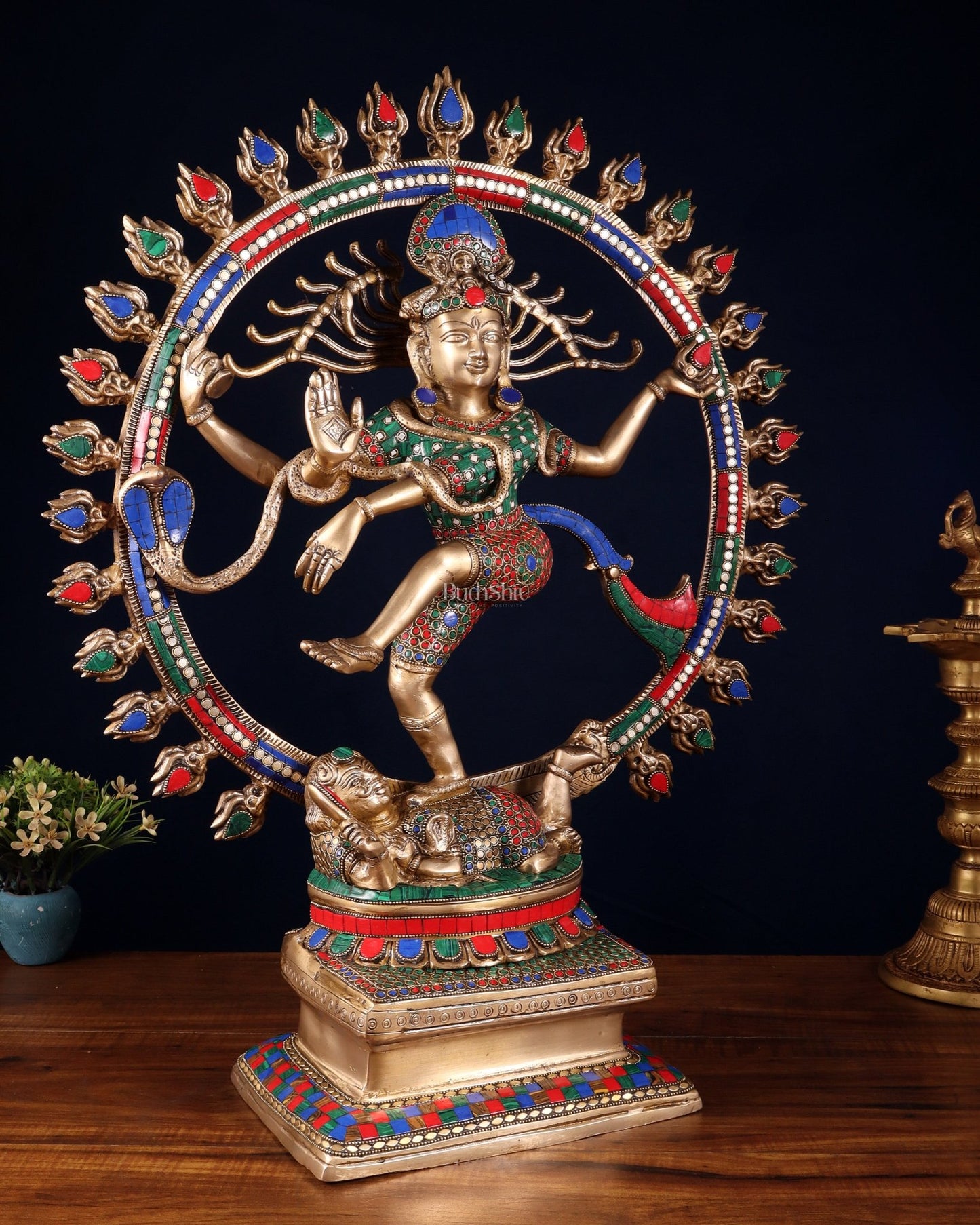 Pure Brass Dancing Shiva Smiling Nataraja Sculpture | 25" multicolour - Budhshiv.com