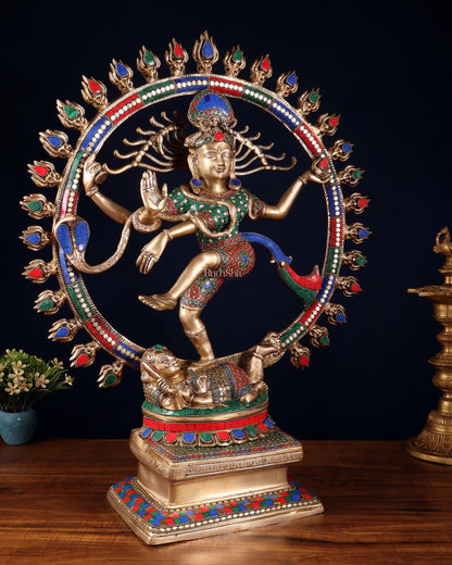 Pure Brass Dancing Shiva Smiling Nataraja Sculpture | 25" multicolour - Budhshiv.com