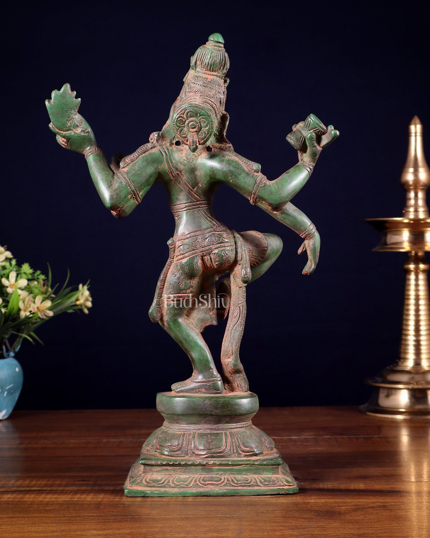 Pure Brass Dancing Shiva Statue – Green Patina & Sand Finish 11.5 inch - Budhshiv.com
