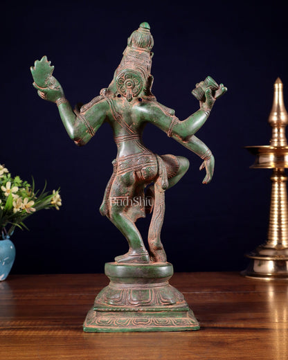 Pure Brass Dancing Shiva Statue – Green Patina & Sand Finish 11.5 inch - Budhshiv.com