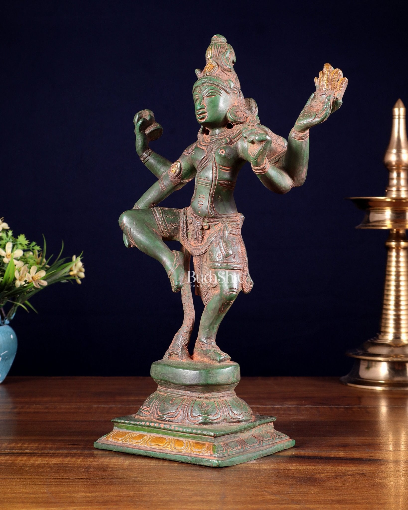 Pure Brass Dancing Shiva Statue – Green Patina & Sand Finish 11.5 inch - Budhshiv.com