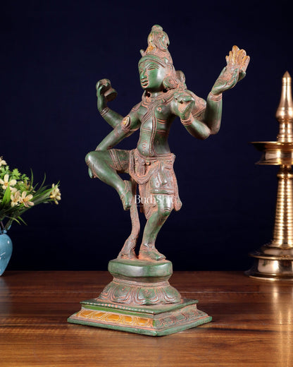Pure Brass Dancing Shiva Statue – Green Patina & Sand Finish 11.5 inch - Budhshiv.com