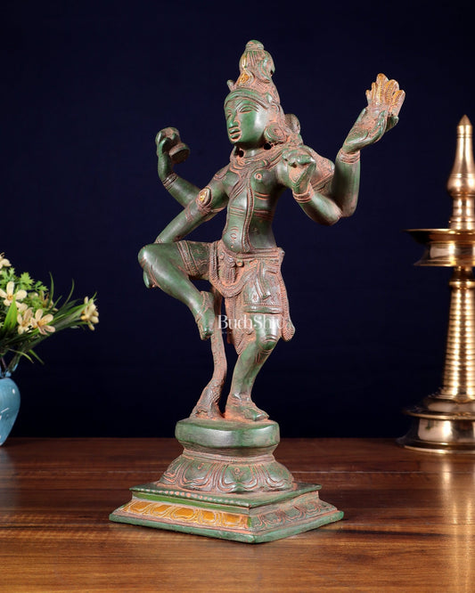 Pure Brass Dancing Shiva Statue – Green Patina & Sand Finish 11.5 inch - Budhshiv.com