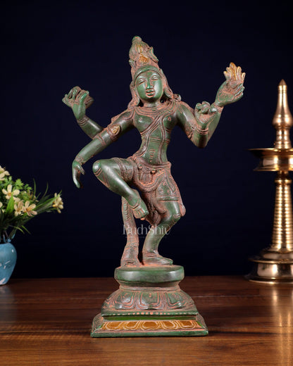 Pure Brass Dancing Shiva Statue – Green Patina & Sand Finish 11.5 inch - Budhshiv.com